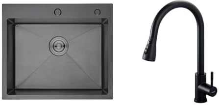 Ibergrif, M85545B Fregadero sobre Encimera con Filtro de Drenaje y 2 Agujeros de Montaje, Acero Inoxidable, 50 x 43 cm, Negro & M22136B Grifo Cocina Extraible, Mezclador de Fregadero con 3 Modos