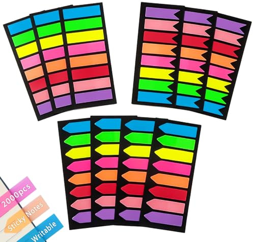 Xcdhemde Notas Adhesivas 2000 Piezas,(10 Libros * 200 Piezas),8 Colores,Sticky Notes,Notas Adhesivas Translúcidas Impermeables,Autoadhesivas para Uso Repetido,Marcadores Adhesivos