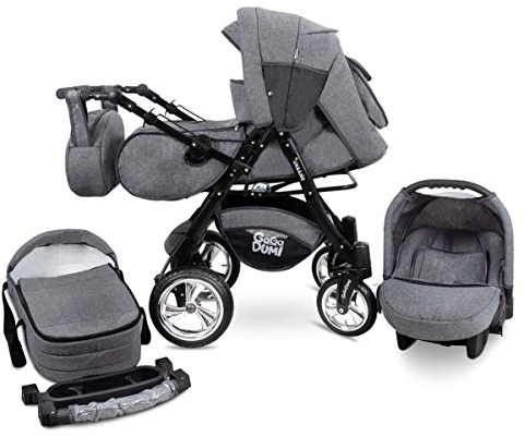 GaGaDumi Urbano Kinderwagen 3 in 1 Komplettset mit Autositz - Kinderwagen 3 in 1 TÜV - Kombikinderwagen 3 in 1 Komplettset Gummireifen - Jeans grau