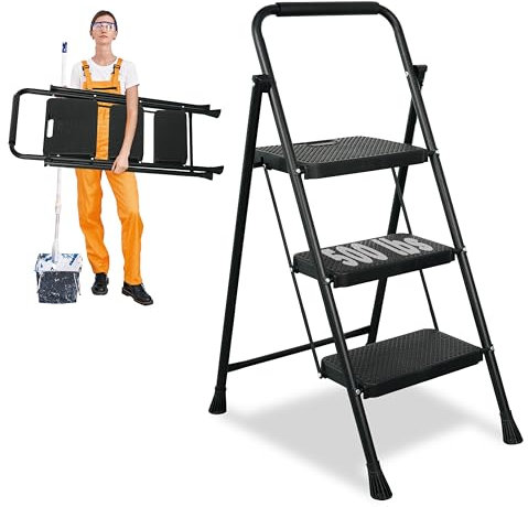 Arbusb Step Ladder, Folding Steel Ladder with Handrail & Wide Pedals