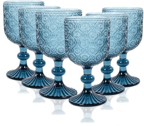 CHLJAR Colored Wine Glass Goblet Set of 6, 14 oz Blue Goblets Glassware, Blue Vintage Glassware for Weddings, Parties, Restaurants, Family Gatherings, Bars, Cafeterias, Dishwasher Safe