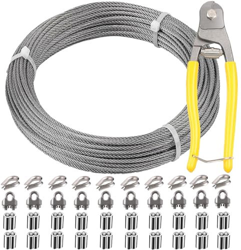 1/8 Inch Stainless Steel Wire Rope Kit, 7x7 Strands, 100 ft Length, With Cable Cutters, Sleeves, Thimbles, Clips, For Climbing Plants, Deck Railing, Fencing, Outdoor Hanging