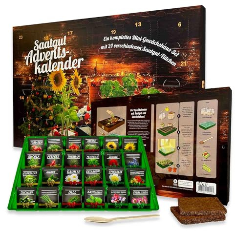 Sematgut Calendrier de l'Avent 2024 - Ensemble complet de culture avec 24 types de graines et mini serre/cadeau pour les amateurs de jardin/sacs surprise avec graines de fleurs, légumes et herbes