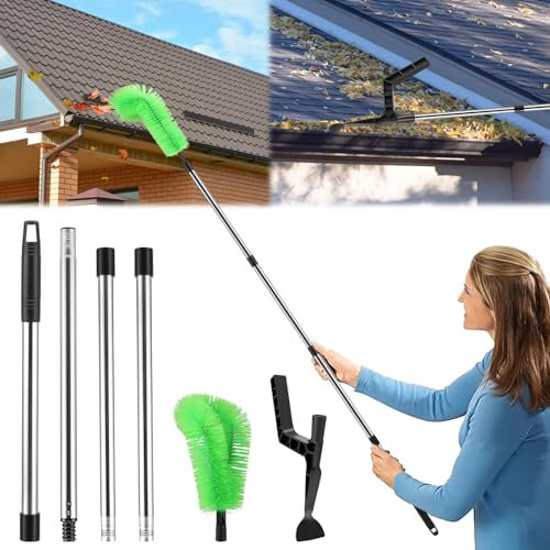 2 in 1 Gutter Cleaning Tools with Brush & Leaf Shovel, 240cm Telescopic Gutter Cleaner Gutter Cleaning Pole, 7 Pcs Detachable Cleaning Brush Tool for Cleaning Roof Leaves Debris Window Gutter (Green)