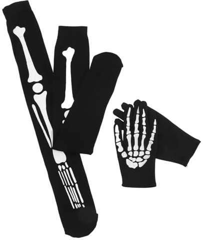 BCOATH Skelett Handschuhe Mit Totenkopf-Print Und Knochen-Details Vollfingerhandschuhe Für Halloween Mit Kniestrümpfen Aus Weichem Und Atmungsaktivem Material