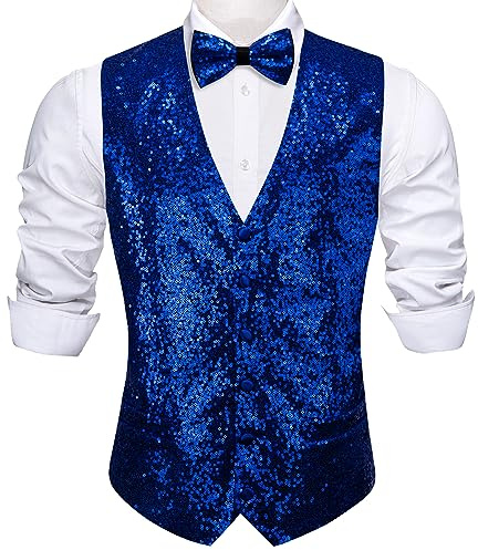 Barry.Wang Mens Sequins Vest Set V-neck Shiny Waistcoat Bowtie Set Prom Party Tuxedo Wedding for Men Dress Suit Vest S-3XL