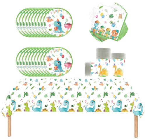 Bonito juego de vajilla de dinosaurios, vajilla para fiestas de cumpleaños infantiles, 20 servilletas, 20 vasos de papel, 20 platos de papel, 1 mantel, Adecuado para bautizos de bebés y aniversarios