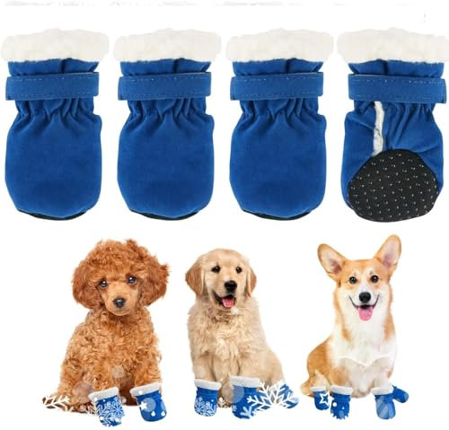 4 Stück Hundeschuhe Pfotenschutz wasserdichte Schneeschuhe mit Anti-Rutsch Sohle Outdoor Pfotenschützer für kleine und mittlere Hunde Herbst Winter (Blau)