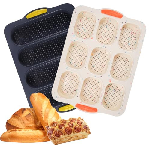 Holzsammlung Silicona Molde Pan Francés, Baguette Hornear Bandeja, Mini Baguette Hornear Bandeja con 9 Rejillas, Bandeja para Baguettes con 4 Rejillas, Molde Flexible para Pan Herramienta de Cocina