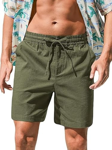 NITAGUT Mens Linen Shorts with Pockets Soft Stretch Drawstring Beach Shorts | Mens Casual Shorts Lightweight Knee Length Work/Running/Sports Elastic Waist Adjust Comfy Soft Fit Classic Cotton Shorts