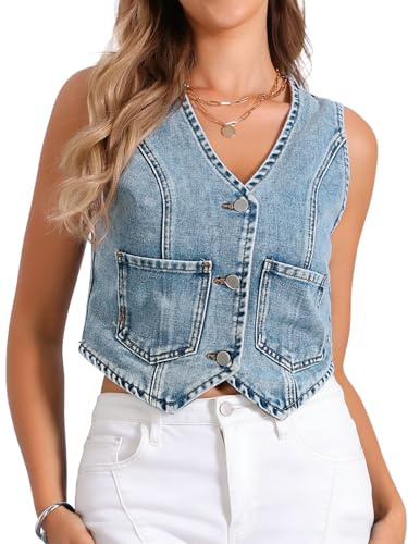 Allegra K Gilet en Jean Y2K Femme à Col en V Veste sans Manches en Denim Boutonné Haut Court d'Été Blouson Vintage Gris Bleu M