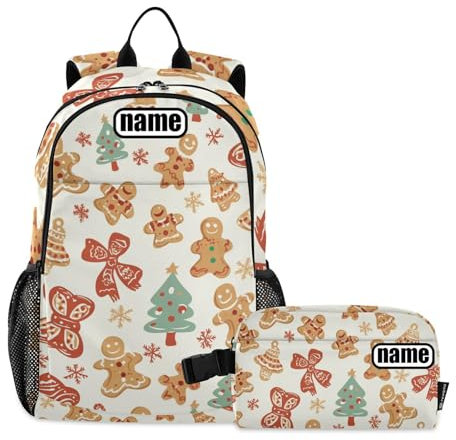 tplaotee Ensemble sac à dos et sac à déjeuner de Noël avec plusieurs pains d'épice et nœud pour adolescentes, sac à livres personnalisable, sac d'école et boîte à déjeuner pour garçons âgés de 8 à 10