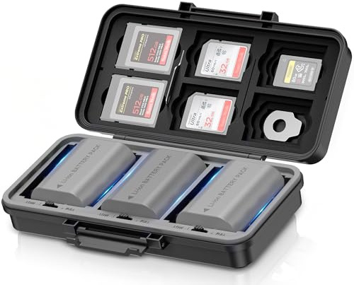 JJC Caja de batería 3 en 1 con Soporte para Tarjeta de Memoria para CF Express Typ B/XQD x6 + CF Express Typ A x5 + SD x6, para Canon LP-E6, Nikon EN-EL15, Sony NP-FZ100 Fuji, NPW235 x3 / 6 Pilas AA