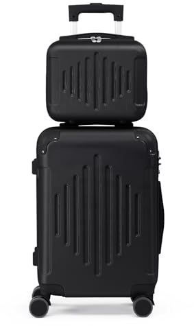 LALAHO Set de 2 Valises avec Vanity Case, Grande Taille, Valise Cabine, Petite, ABS avec Coins Renforcés, roulettes Pivotantes 360°, Cadenas et Poignée Télescopique (Noir)