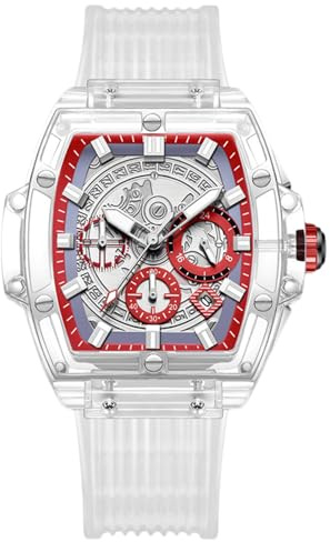 RORIOS Trasparente Tonneau Orologio da Uomo Silicone Analogico Quarzo Orologio da polso Multifunzionale Moda Orologio Impermeabile Cronografo Bianco D