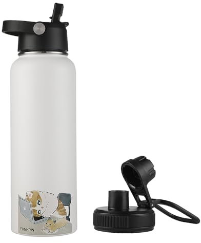 Funkrin Insulated Water Bottle with Straw Lid & Spout Lid, 40oz Personalized Vacuum Stainless Steel Travel Mug, Leak Proof Double Walled Thermos for Hot & Cold Beverages
