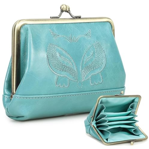 CONTACTS Cartera de beso de cuero para mujeres Bolsillo de monedas vintage para damas Monedero pequeño y lindo para tarjetas de crédito, Blue, Estilo vintage
