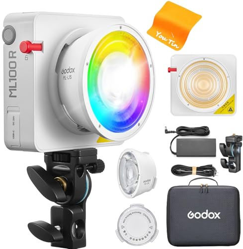 Godox ML100R RGB LED Video Light Full Colour with Interchangeable 15° Reflector 14 Light Effects1800-10000K Bowens Mount Portable Handheld Photography App Control, Multiple Power Supply Options