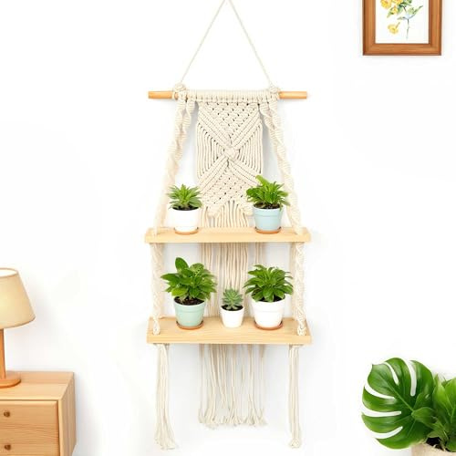 awagas Makramee Wandbehang Regal, Handgewebte Quaste Schweberegal Wand Boho Deko HäNgeregal Makramee Wandbehang Boho Deko für Wohnzimmer Schlafzimmer Balkon Deko Badezimmer Flur Natural Holzregal