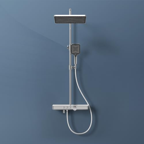EMKE Duschsystem mit Thermostat, Regendusche Duschsystem mit 36x24cm Regenduschkopf, Brauseset mit Glasablage, Duschset mit Handbrause 3 Strahlarten, KTW-Zertifiziert, Chrom
