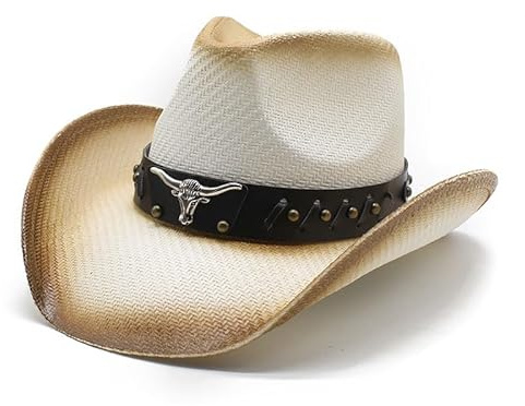 Jellecutte Cowboy Hut Herren Strohhut Sonnenhut Damen Frauen Cowgirl Hut Mit formbarer breiter Krempe -White&Coffee