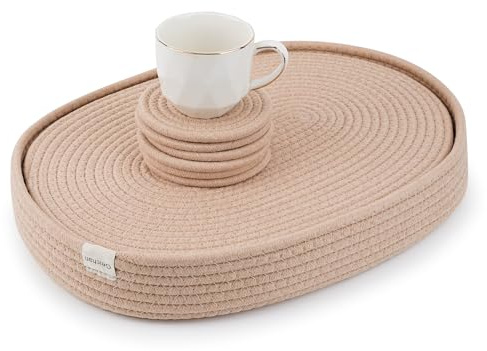 13 Piece Handmade Oval Cotton Rope Placemat Set, Brown | 16 x 12 inch, 6pcs placemats, 6pcs coasters, 1 stylish holder ,Handmade,Natural, machine washable woven cotton rope