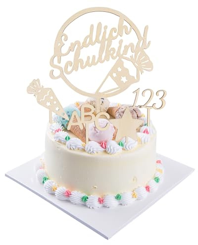 Tortendeko Einschulung, 5 Stück Endlich Schulkind Tortendeko Holz Zuckertüte ABC 123 Kuchen Deko Schulanfang für Junge Mädchen Kinder