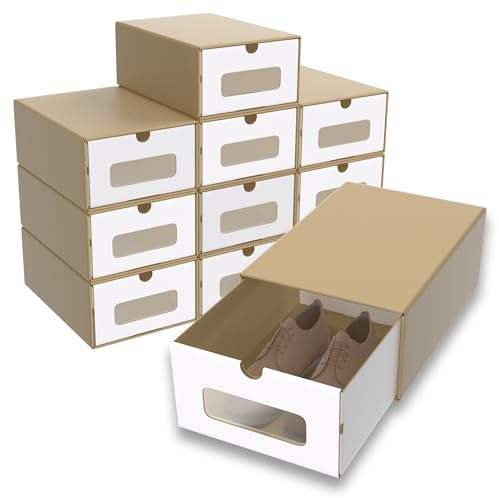 Suusolny Schuhbox mit Sichtfenster & Schublade 10er Boxen-Set Aufbewahrungsbox Braun Schuhkiste Schuhschachtel Schuhkarton aus Kraftpapier Ordnungsboxen Stapelbar aus Pappe - 34.5x23x13.5cm(Braun)