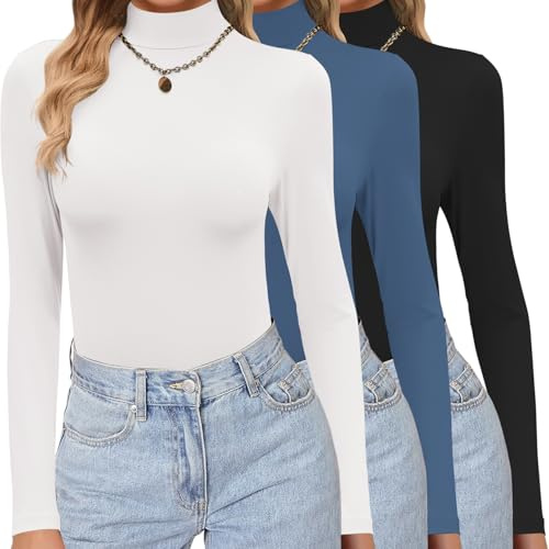 Ekouaer Womens 3 Pack Long Sleeve Tops Turtleneck Thermal Shirts S-XXL | fitted silhouette with a body-skimming shape, straight hem sit neatly at the hip, casual wear or layer, s-2xl