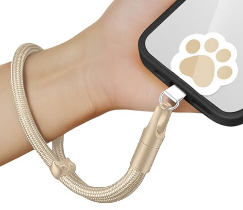 Velvoria Lanière de Poignet réglable avec Coussinet Patte de Chat Bracelet Souple en paracorde Court pour la Plupart des Smartphones, Beige Clair