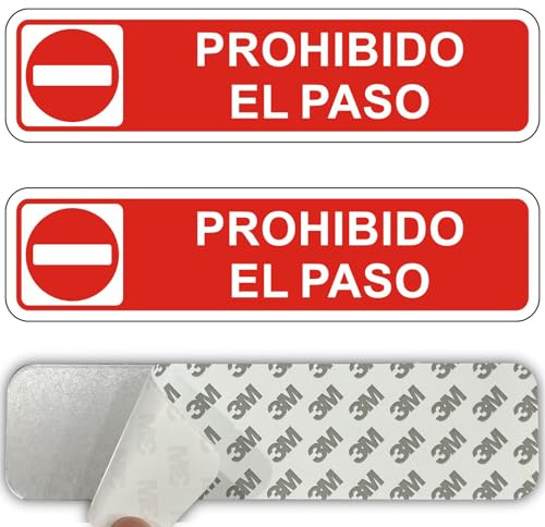 ROUMIO® 2 Piezas carteles prohibido el paso autoadhesivas de aluminio - 5 x 20 cm - Cartel prohibido el paso propiedad privada - Patrones llamativos - Robustos y duraderos (Señal Prohibido Paso)