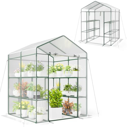 HOMASIS Foliengewächshaus mit 8 Regalen, begehbares Gewächshaus mit PVC-Abdeckung, Gartengewächshaus mit Rolltür & Metallrahmen, Tomatengewächshaus für Pflanzen & Gemüse, 139x144x195cm