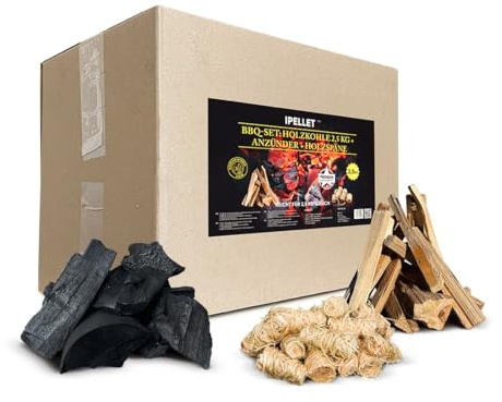 iPELLET Grillanzünder Set – 2,5 kg Holzkohle + Anzünder + Holzspäne, BBQ Starter Set, plastikfreie Verpackung