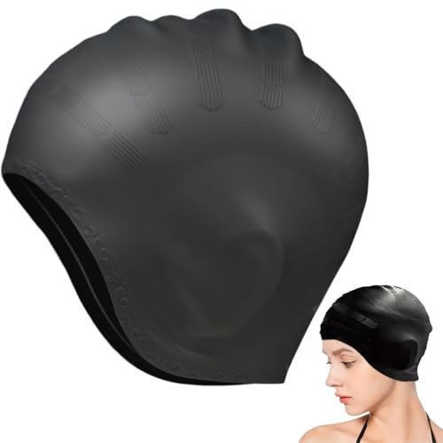 Swim Caps with 3D Ear Protection,Waterproof Silicone Swimming Cap for Women Men - Anti-Slip,Odor-Free,Lightweight Bathing Hat Fits Long&Short Hair,Adult&Youth Sizes,Comfort&Ear Protection(Black)