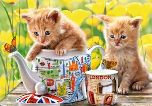 Puzzle 1500 pièces Théière Tasse Chats Puzzles pour Adultes Jeux d'activités Familiales,Puzzle à Faire Soi-même pour Décoration Murale de la Maison