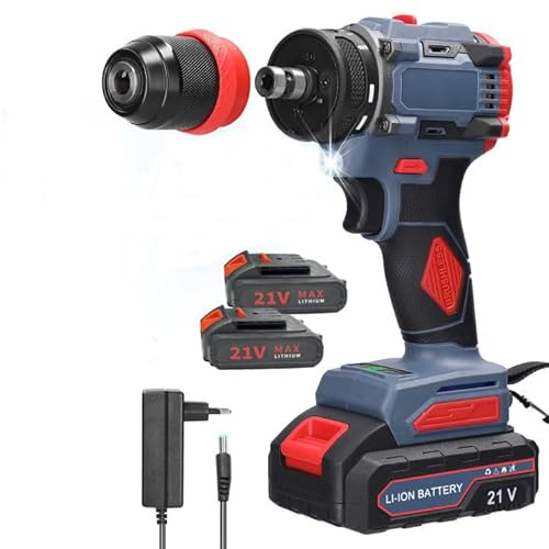 Destornillador desatornillador inalámbrico con 2 baterías, tornillo de percusión inalámbrico 21V, taladro atornillador, 55 Nm de par, 2 velocidades variables, LED, taladro de percusión para ladrillo
