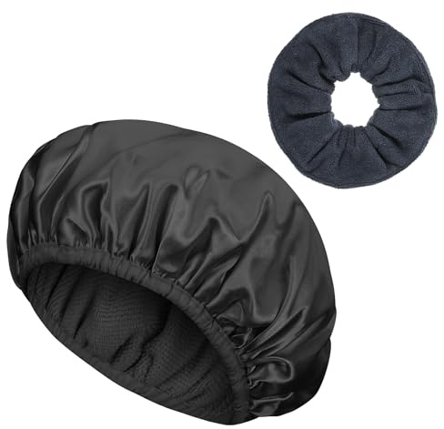 Gjinxi Wiederverwendbare 3-lagige Duschhaube, wasserdichte Duschhaube Frottee-gefütterte Haube mit Elastischem Haargummi verstellbare Duschhauben für Damen Mädchen (Schwarz)