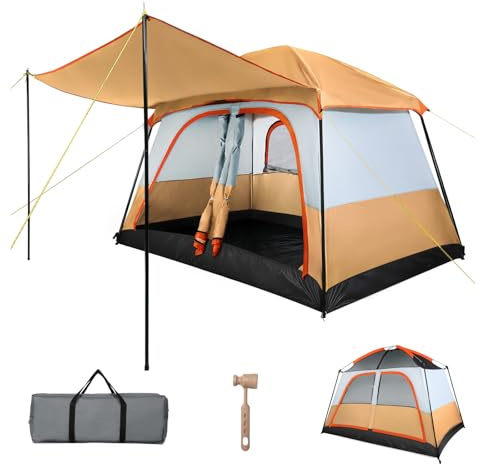 Treeboy Familienzelt 4 Personen PU3000mm Wasserdicht Glamping Zelt Hauszelt Quick-up Große inkl. abnehmbarem Dach & Tragetasche, Verdunkelungszelt mit Veranda für Camping Outdoor Reise Trekking