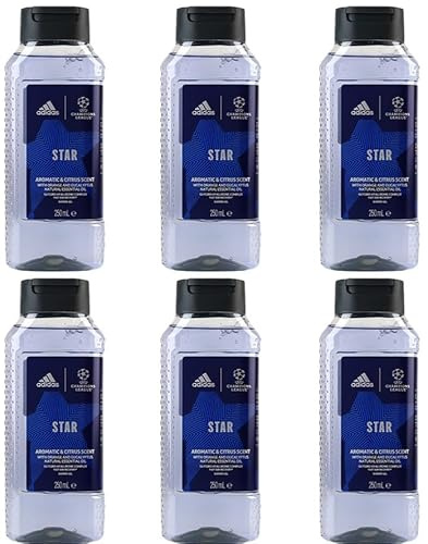 6x adidas UEFA Champions League Star Duschgel Aromatisches Zitrusduft reinigt sanft die Haut und revitalisiert, spendet Feuchtigkeit und hinterlässt ein angenehmes Gefühl,250ml (6er Pack)