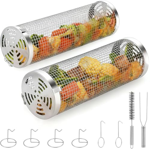 Lot de 2 Panier à Griller Roulant en Acier Inoxydable 304, avec Support, Poignées Amovibles et Brosse de Nettoyage, Idéal pour Légumes, Poisson, Crevettes et Viande, Cadeau Homme Papa