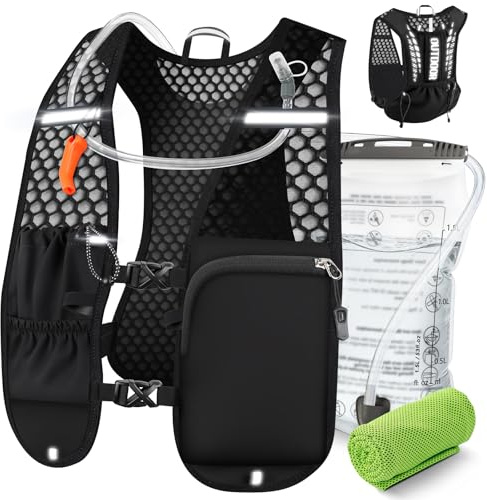 EFFILUMLUX Laufweste Damen Herren, Trinkweste Trinkflasche, Ultraleicht Laufrucksack Verstellbar Reflektierend- Notfallpfeife Handtuch, Laufweste für Joggen Trailrunning Fahrrad Marathon Wandern