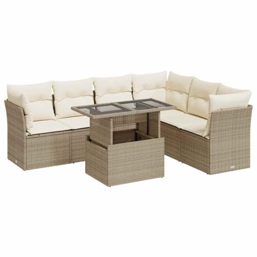 Foknhdi 7-TLG Gartenmöbel Set Beige, Verstellbarer Tisch, klappbar für Balkon Terrasse, Poly Rattan Sofa mit Stauraum, waschbare Bezüge