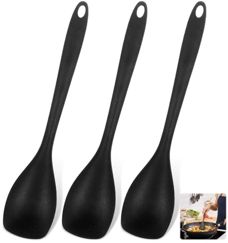 HJZHII 3 Stück Silikon Rührlöffel 28cm Kochlöffel Antihaft Silikonlöffel | Schwarz Rührlöffel Hitzebeständiger Silicone Servierlöffel Kratzfrei für Küche Kochen Backen Rühren Servieren