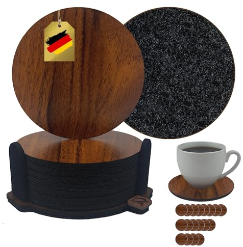 AlemsDesign dubbelsidiga glasunderlägg i trä och filt, set om 8 med hållare, rund 10 cm, brun trälook, mörkgrå filt — 2-i-1-glasunderlägg, set med underlägg för drycker