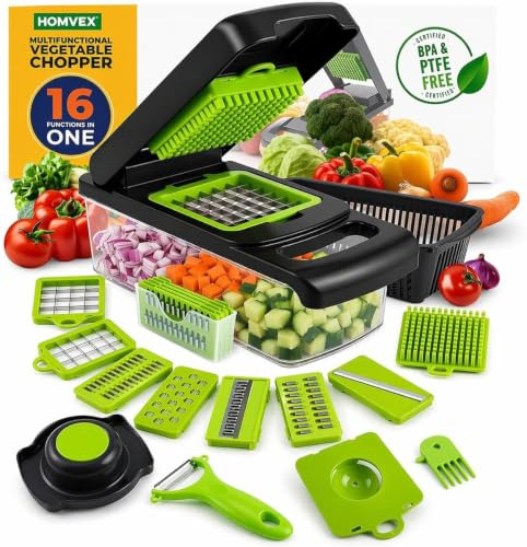 HOMVEX 16-in-1 Vegetable Chopper Set – All-in-One Mandoline Slicer & Food Dicer with 7 Interchangeable Blades, Large Container, Drain Basket, Peeler & Cleaning Tools | Onion, Salad & Veggie Cutter