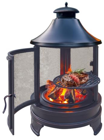 RUODATONLY Horno de Leña Exterior con Chimenea – Brasero Barbacoa 2 en 1 para Calentar, Asar, Parrilla Ajustable en 3 Alturas, Acero Pintado Antióxido, Base Estable Antivuelco