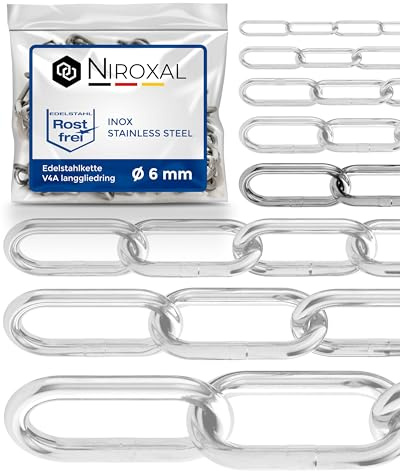 Edelstahlkette V4A A4 langgliedrig DIN 763 / DIN 5685 – 6 mm x 50 cm – 2 Stück – für vielseitige Aufhängungen