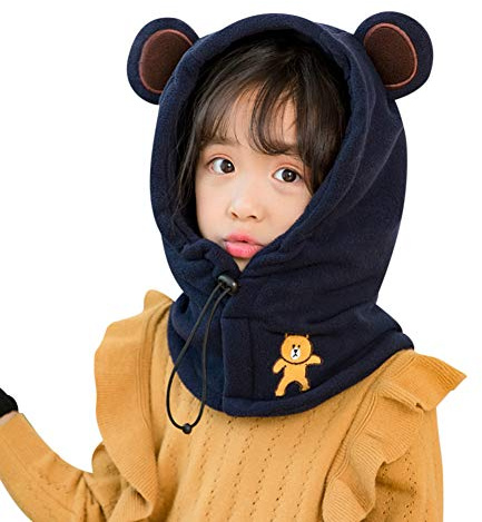 ITODA Vindtät balaklava huva hatt varm hel ansiktsmask pojkar flickor söt björn fleece vinter mössa halsvärmare termisk skidåkning huva för barn 6-12 år, BLÅ, one size