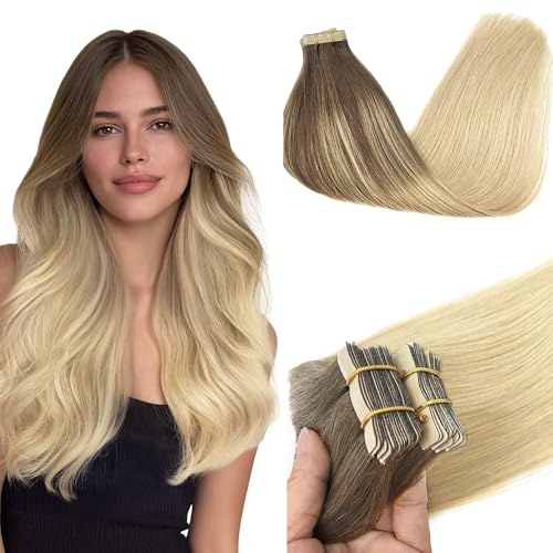 GOO GOO Tape in Extensions Echthaar, Tape Extensions Echthaar, 50cm 50g 20pcs, Extensions Echthaar, Haarverlängerung Echthaar, 4/18 Schokoladenbraun bis Dirty Blonde