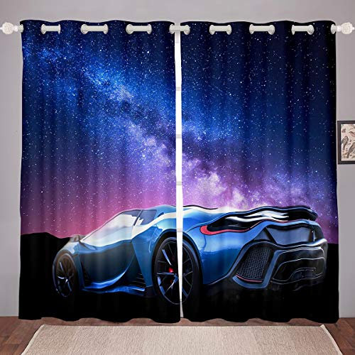 Tbrand Galaxis Autofenstervorhang 183 x 117 cm Blau Rennwagenvorhänge für Jungen Teenager Universum Sternenhimmel Sportwagen Blickdichte Vorhänge Extremsport Thema Design